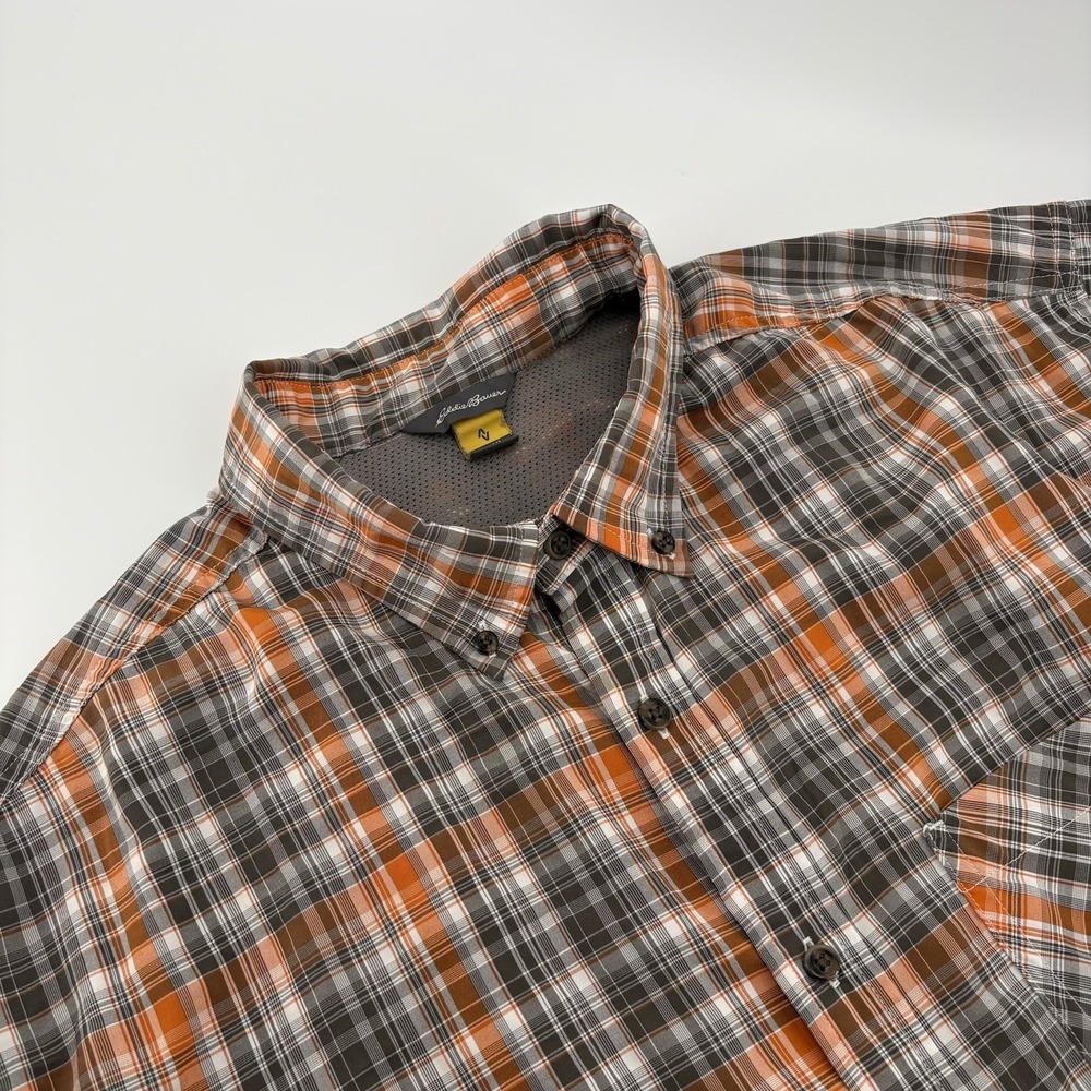 Eddie Bauer Travex‎ Short Sleeve Shirt Mens XL Orange/Gray Striped/Plaid Hiking